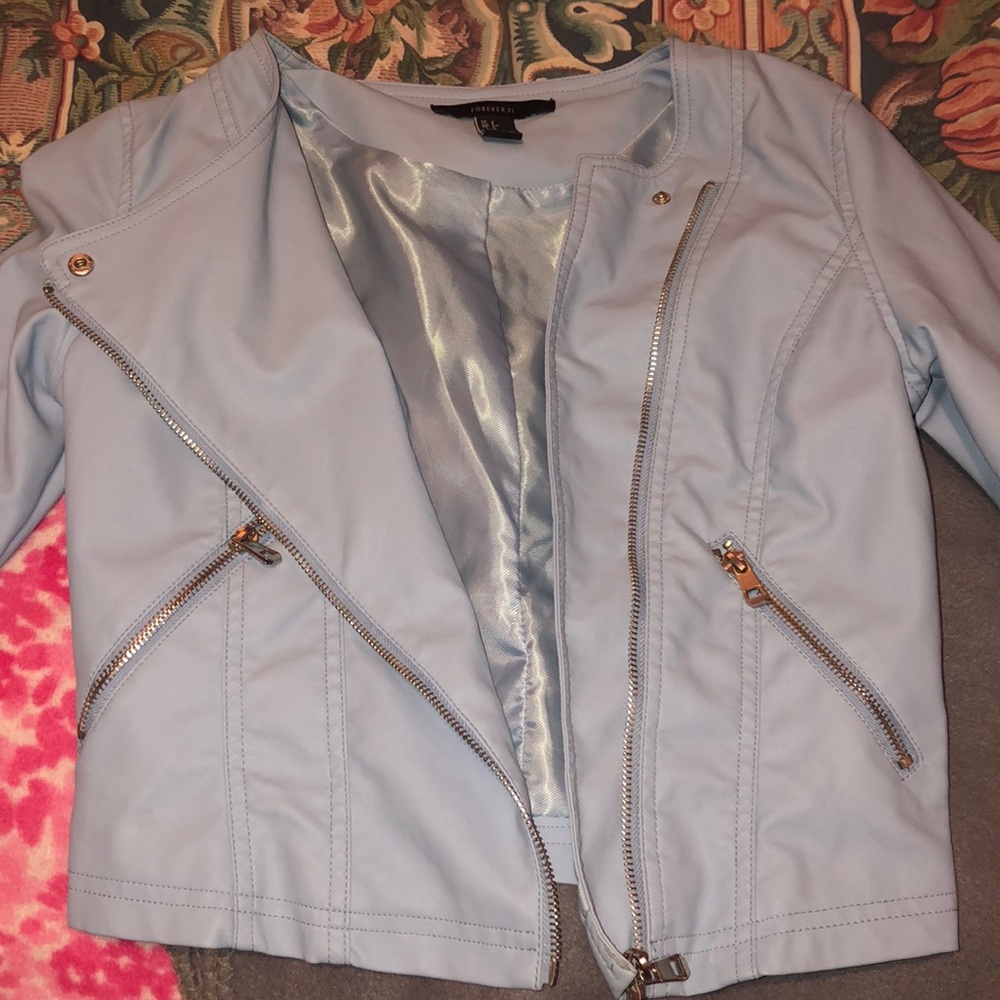 faux leather baby blue zip- up jacket